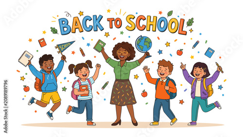 Back to School Excitement: A vibrant illustration captures a diverse group of cheerful students and their enthusiastic teacher celebrating the start of a new school year with books, globes.