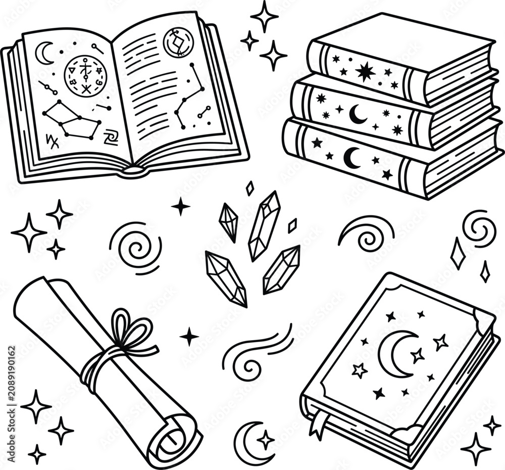 Fototapeta premium Magic Witchcraft and Astrology Book Vector Set Featuring Open Spellbook, Stack of Celestial Journals, Rolled Parchment Scroll, and Mystical Quartz Crystals