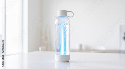 Futuristic smart reusable water bottle featuring glowing blue ultraviolet purification light standing on pristine white table inside bright modern kitchen interior