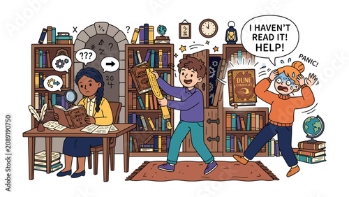 Konstfotografi The Library of Lost Minds: Three students navigate the chaotic realm of knowledge within a whimsical library, one engrossed in study, another wielding a book with confusion