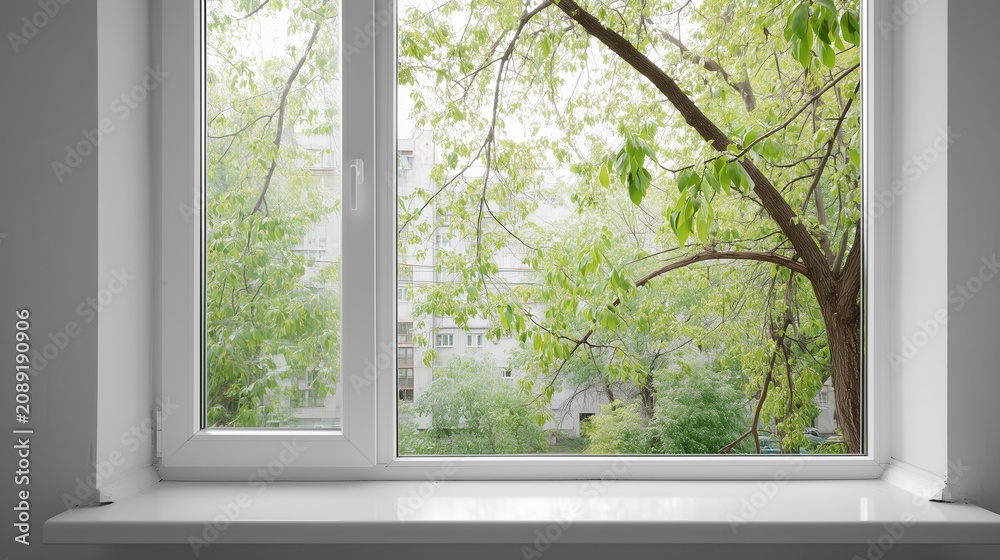 Fototapeta premium New white plastic window with bright tree view, showing modern home interior, clean design, daylight, and energy efficient renovation.