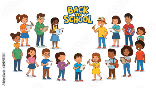 Obraz na plátně Back to School Fun: A group of diverse cartoon children happily gather together holding books and writing materials, ready to start a new academic year filled with learning and fun