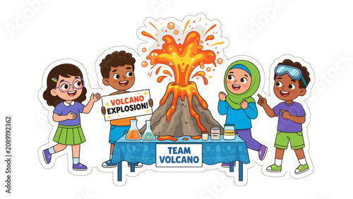 Foto Volcano Science Project: Young students enthusiastically showcase their erupting volcano model, a vibrant depiction of scientific exploration and teamwork