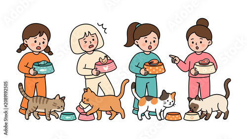 Tableau sur toile Feline Feast Frustration: Four children holding empty bowls look confusedly at their feline companions who have finished their food and seem to want more
