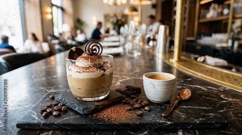 Gourmet Coffee Dessert and Espresso Served on Marble Counter
