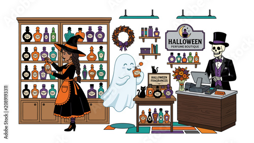 Φωτογραφία Halloween Potion Shop: A whimsical Halloween scene featuring a witch, a skeleton cashier, and a friendly ghost in a shop filled with potions, candy, and festive decorations