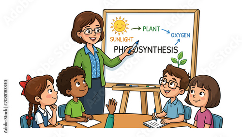 Принти на полотні Photosynthesis Lesson: A vibrant illustration depicts a cheerful teacher explaining photosynthesis to a group of eager young students in a classroom setting