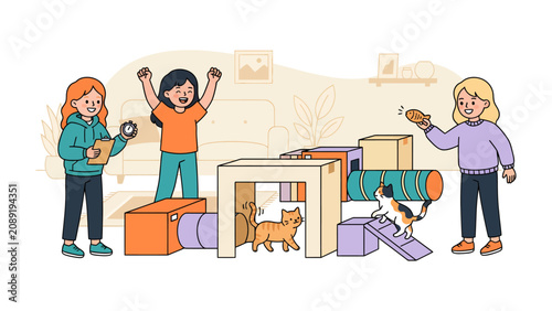 Obraz na plátně Fun with Feline Friends: Three cheerful children engage in playtime with their playful cats, interacting with a colorful cat agility course filled with tunnels and platforms