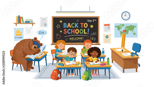 Back to School Classroom Scene: A charming classroom filled with young students engaged in learning, a friendly bear writing at a desk, and a blackboard announcing Back to School!