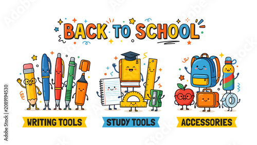 Fotografie Back to School Collection: A vibrant and playful collection of school supplies, including writing tools, study tools, and accessories, depicted as cheerful characters ready for the new academic year