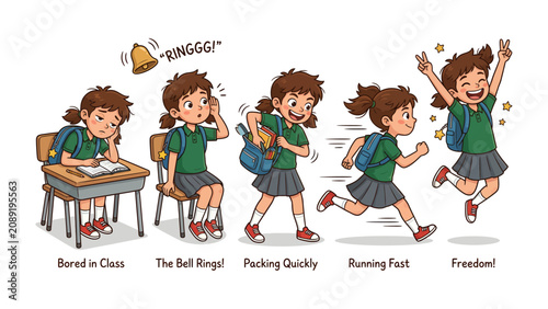 Bilde på lerret School Day Journey: A sequence of illustrations depicting a young student's emotions and actions throughout a school day, from boredom in class to the exhilaration of freedom at the end