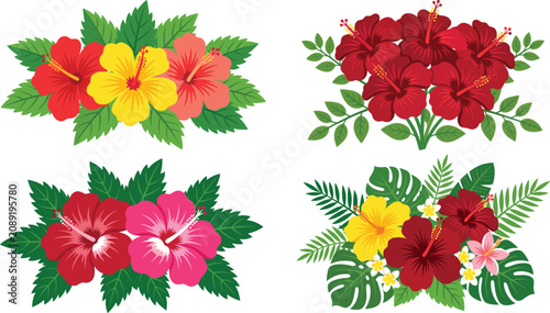  Tropical hibiscus flowers vector set with exotic Hawaiian red yellow and pink hibiscus blossoms monstera leaves and plumeria for summer beach graphics