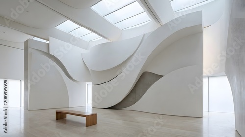 Wavy wall sculpture in a modern, light-filled architectural interior