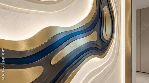 Wavy metallic wall panels architectural detail in gold and blue tones