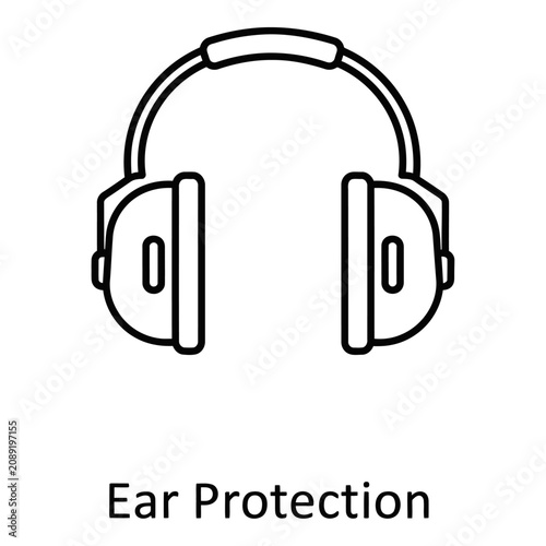A simple line drawing of ear protection headphones in black on a white background, symbolizing safety and hearing protection.