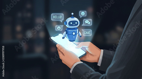 AI Chatbot Assistant On Smartphone Mobile App Virtual Conversation Technology Interface