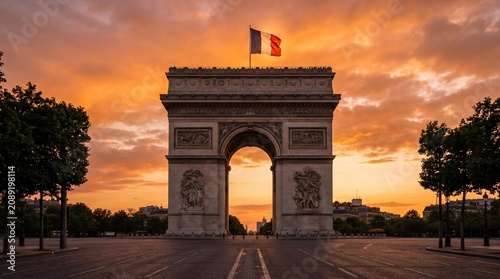 Arc de Triomphe in Paris with French flag at sunrise