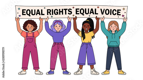 Tableau sur toile Equality Banner: Four diverse young women stand together, holding a banner that reads EQUAL RIGHTS EQUAL VOICE, symbolizing unity and the fight for gender equality