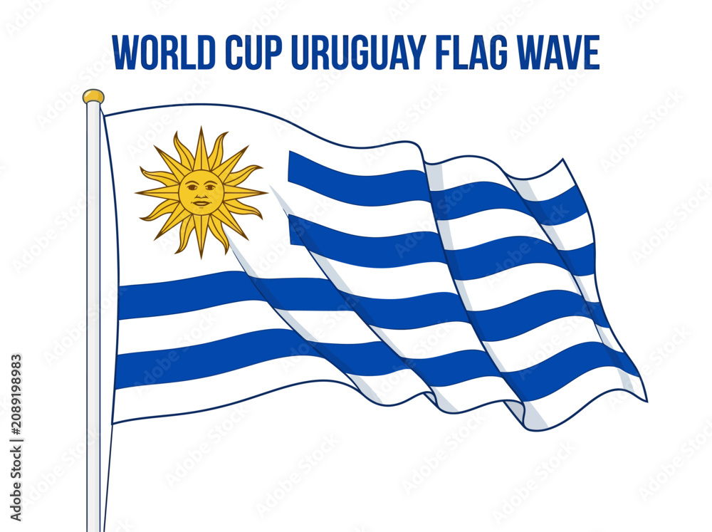 Obraz premium An illustrated waving flag of Uruguay featuring a yellow Sun of May on a white canton and blue and white stripes