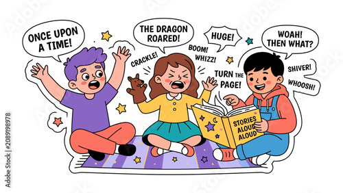 Konstfotografi Storytime Adventure: Three children engrossed in a storybook, acting out a dramatic tale with sound effects and enthusiastic gestures, igniting their imagination and love for reading