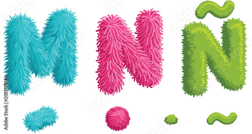 Bild auf Leinwand Fluffy Fur Alphabet Letter N Vector Collection with Fuzzy Hair Typography Cartoo