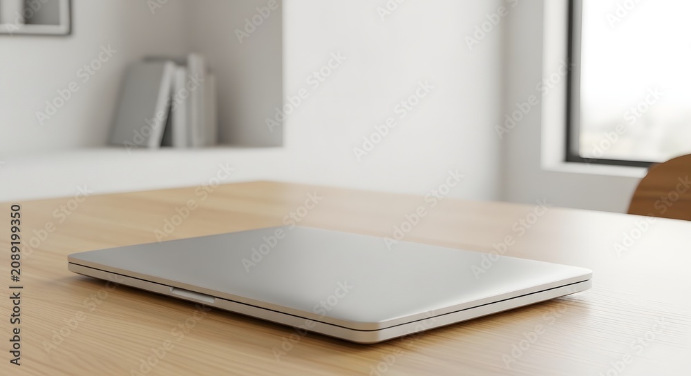 Fototapeta premium Closed modern laptop resting on a light wooden table in a bright, minimalist room, ready for work or study.