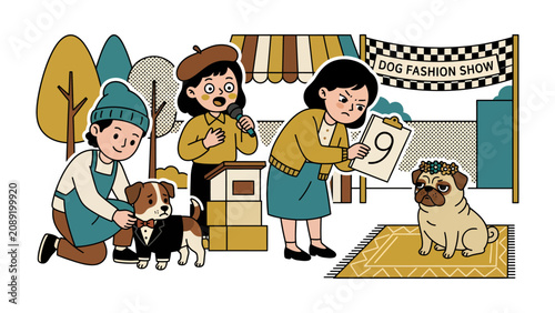 Cuadro en lienzo Dog Fashion Show Scene: An animated illustration depicts a charming dog fashion show, complete with stylishly dressed pups, eager participants, and a discerning judge