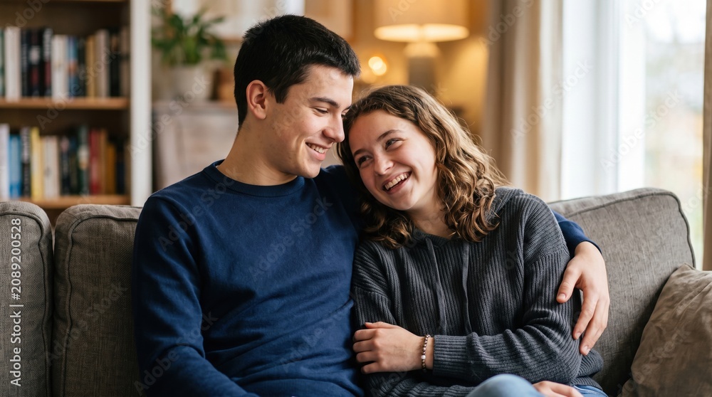 Fototapeta premium Two smiling teenagers sitting on sofa at home