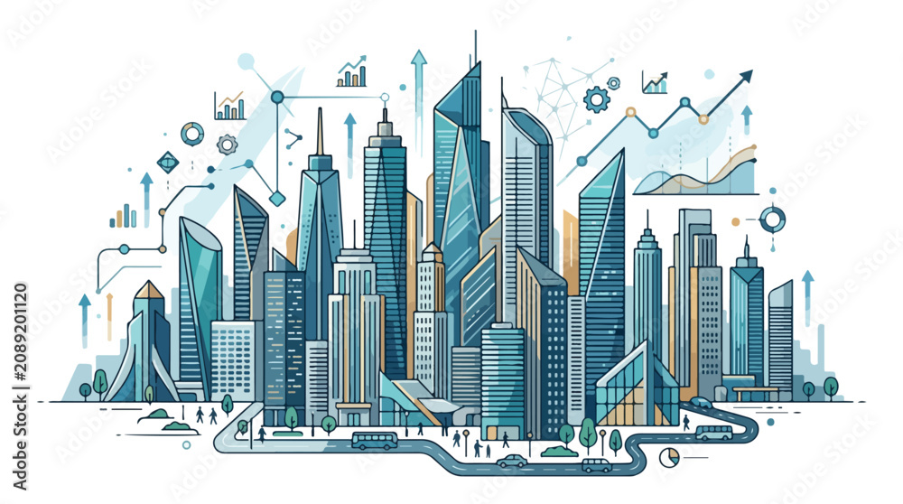 Fototapeta premium Modern city skyline illustration with data visualization elements.