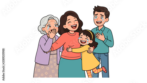 Foto Tears of Joy: An emotional family reunion brings tears of happiness as generations embrace, sharing a moment of profound love and connection
