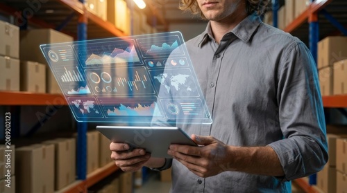 warehouse data analytics on a digital tablet with holographic dashboard showing logistics metrics and supply chain management stats.