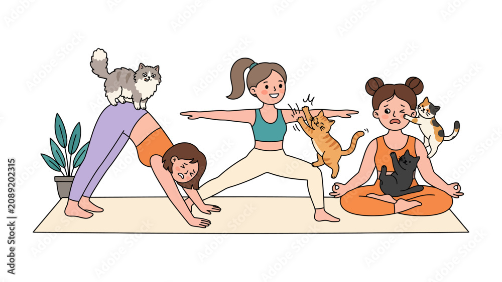 Φωτογραφία Cats Interrupting Yoga: Three women attempt to practice yoga poses with their cats playfully interfering, creating a humorous and chaotic scene of feline-driven disruption and lighthearted struggle