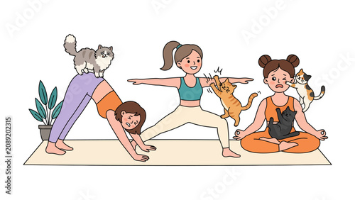 Φωτογραφία Cats Interrupting Yoga: Three women attempt to practice yoga poses with their cats playfully interfering, creating a humorous and chaotic scene of feline-driven disruption and lighthearted struggle