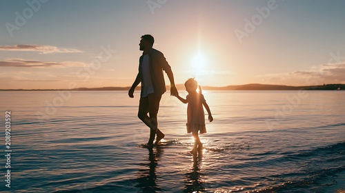 Prompt: A breathtaking wide-angle lifestyle shot of a father and his young daughter enjoying a sunset walk along a calm beach. Captured on a 24mm wide lens, f/4.0, ensure a crisp deep landscape 