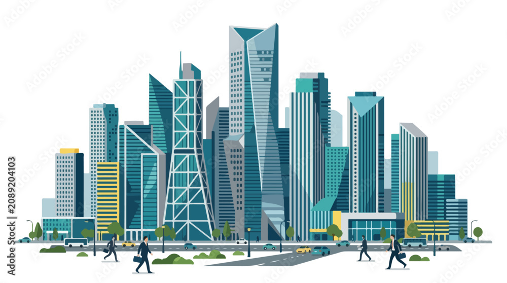 Fototapeta premium Modern metropolitan cityscape with high rise skyscrapers and business people walking.