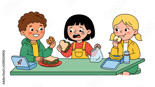 Canvastavla Lunchtime Blues: Two children happily enjoy their midday meal, while a third child sits between them looking upset, holding a sandwich and crying