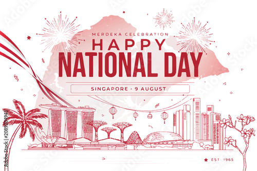 Happy Singapore National Day Celebration Banner with City Skyline and Fireworks Vector Illustration