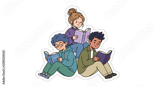 Konstfotografi Young Readers Unite: A charming illustration of three diverse young individuals engrossed in reading books, symbolizing a shared passion for knowledge and imagination