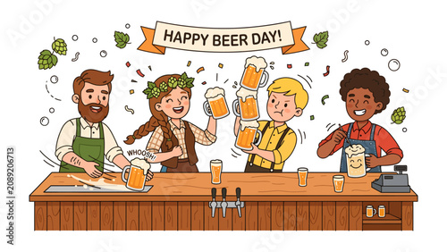 Foto Happy Beer Day Celebration: A lively depiction of a bar scene filled with diverse people celebrating Beer Day with overflowing mugs, hop decorations, and a banner exclaiming Happy Beer Day!