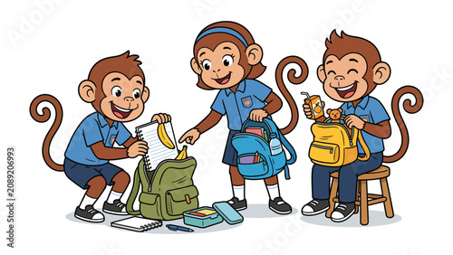 Canvas Print Monkey Business at School: Three playful monkeys dressed in school uniforms pack their backpacks with books, a banana, and juice, ready for a day of learning and adventure