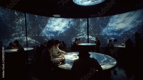 Diverse group of people gathered around interactive illuminated tables, viewing large-scale earth projection in a futuristic indoor dome theater setting.