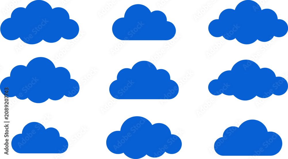 Obraz premium Blue cloud shapes vector set, flat weather and sky cloud silhouettes for website and mobile app UI