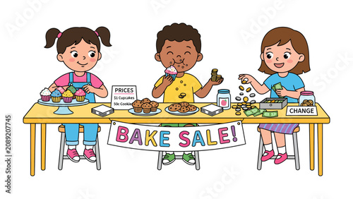 Obraz na plátně Children's Bake Sale Fun: Three happy children manage a vibrant bake sale, proudly displaying cupcakes, cookies, and jars filled with treats, as they sell to eager customers