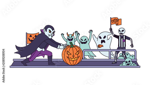 Photography Spooky Halloween Parade: A playful parade of Halloween characters, including a vampire, ghosts, and a pumpkin, march together celebrating the spooky season