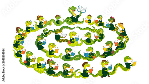 Foto Silly Snakes Reading Adventure: A whimsical spiral of anthropomorphic snakes, dressed in school uniforms, engrossed in reading books and drinking beverages, creating a playful educational scene