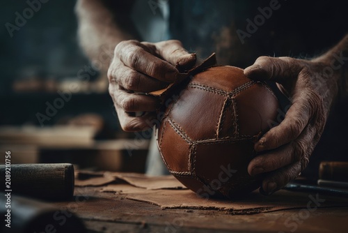 Skilled craftsman meticulously sewing a vintage leather soccer ball by hand in a workshop, showcasing traditional artistry and dedication.
