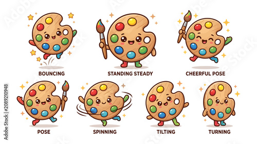 Photos Cute Art Palette Character: A charming, anthropomorphic art palette with a cheerful expression and colorful paint blobs, depicted in various playful poses including bouncing, standing, posing