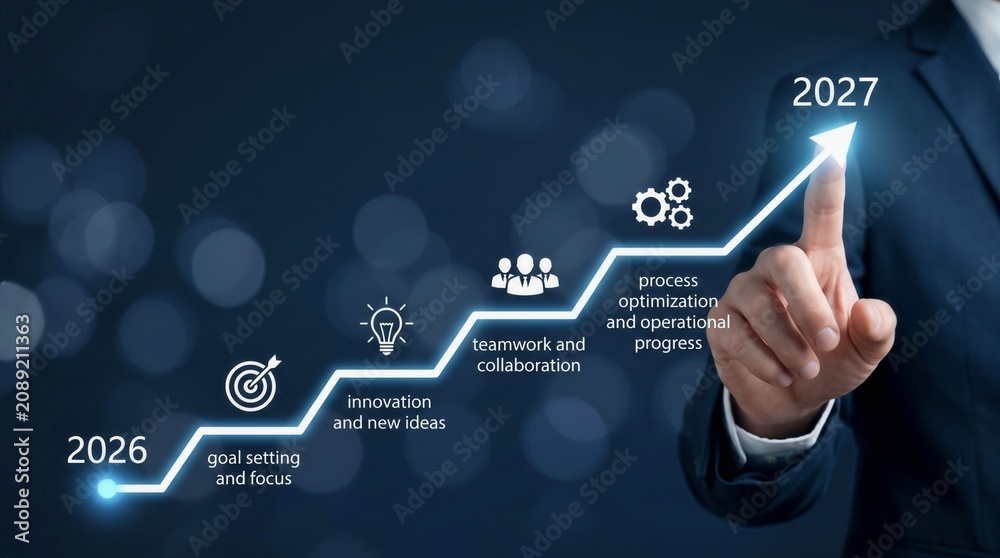 Obraz premium Business Growth Trajectory 2026 to 2027: Concept of Success through Innovation, Teamwork, and Process Optimization