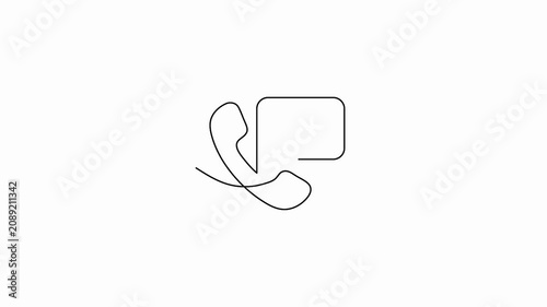 Telephone handset continuous line animation forming beside a square speech chat bubble