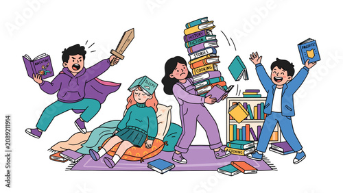 Canvas Print Children Lost in Imagination: A lively illustration depicting children deeply immersed in the world of books, transforming stories into imaginative adventures and playful battles